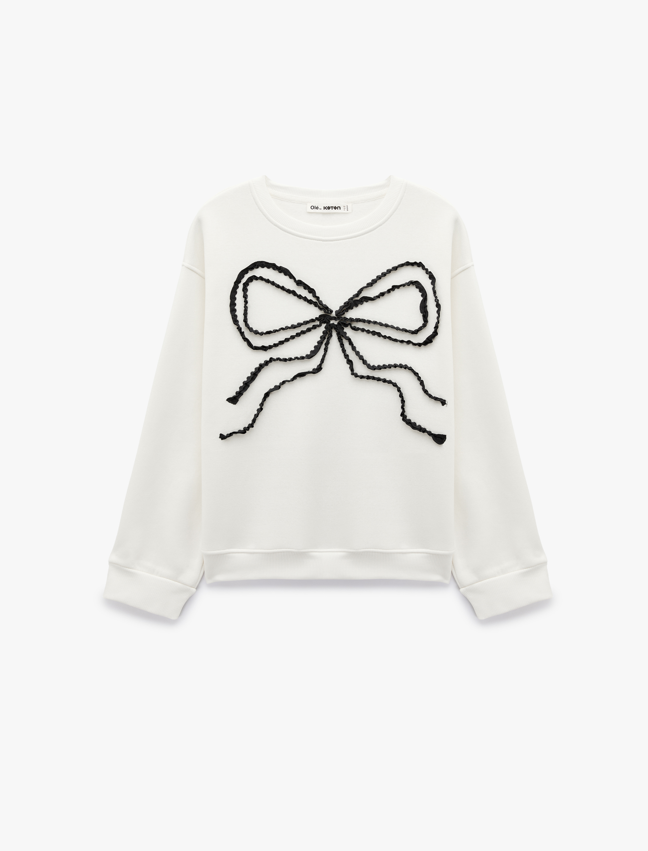  Üç İplik Şardonlu Fiyonk Nakışlı Bisiklet Yaka Uzun Kollu Sweatshirt