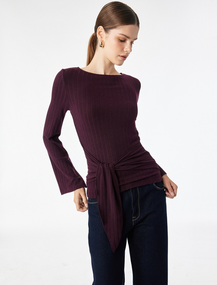  Slim Fit Bisiklet Yaka Bağlama Detaylı Uzun Kollu Bluz