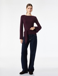 Slim Fit Bisiklet Yaka Bağlama Detaylı Uzun Kollu Bluz