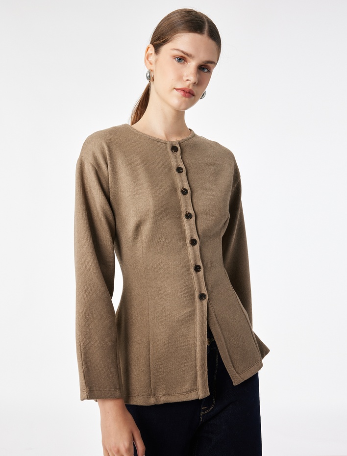  Slim Fit Uzun Kollu Bisiklet Yaka Düğmeli Peplum Ceket