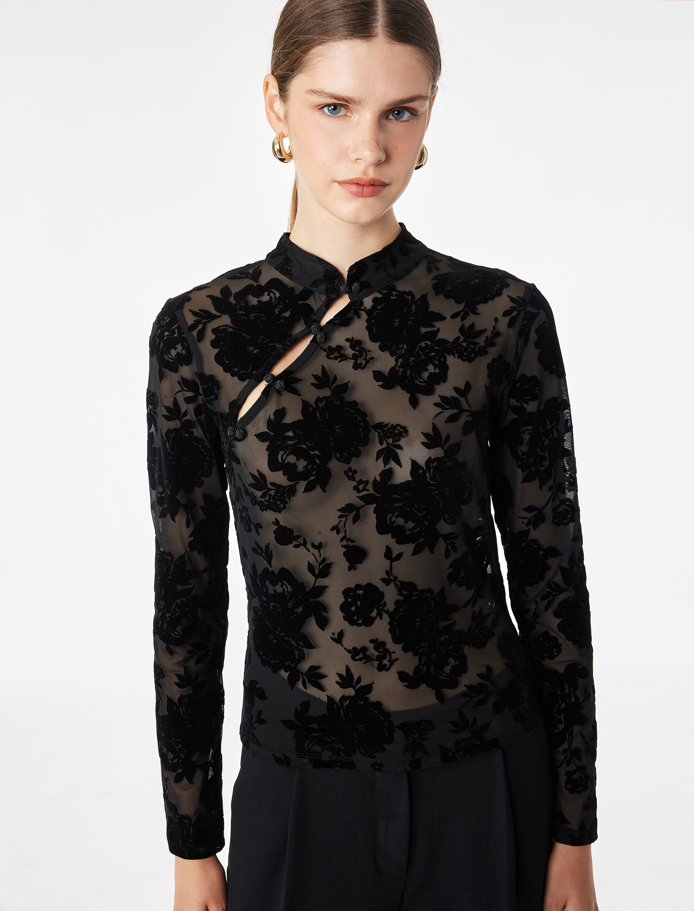   Uzun Kollu Floral Dokulu Dik Qipao Yaka Tül Tişört
