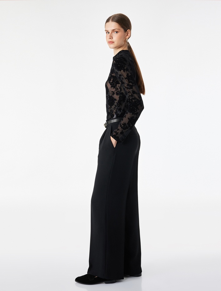  Uzun Kollu Floral Dokulu Dik Qipao Yaka Tül Tişört