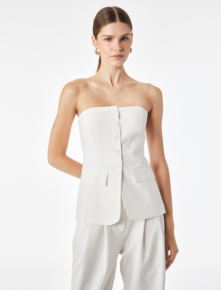  Slim Fit Cep Detaylı Düğmeli Peplum Kesim Straplez Yelek Bluz