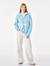 Şardonlu Yarım Fermuarlı Dik Yaka Uzun Kollu Baskılı Sweatshirt
