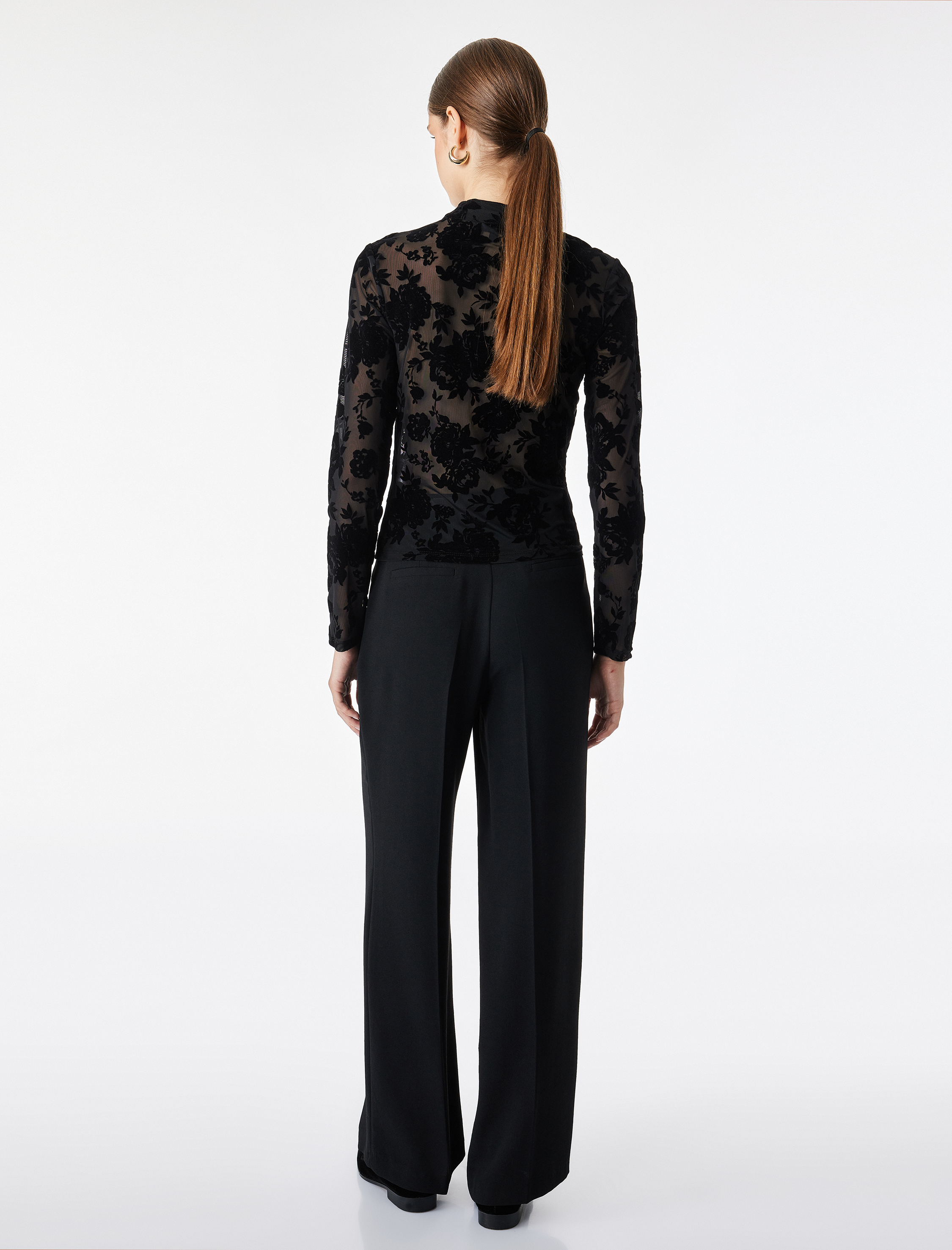   Uzun Kollu Floral Dokulu Dik Qipao Yaka Tül Tişört