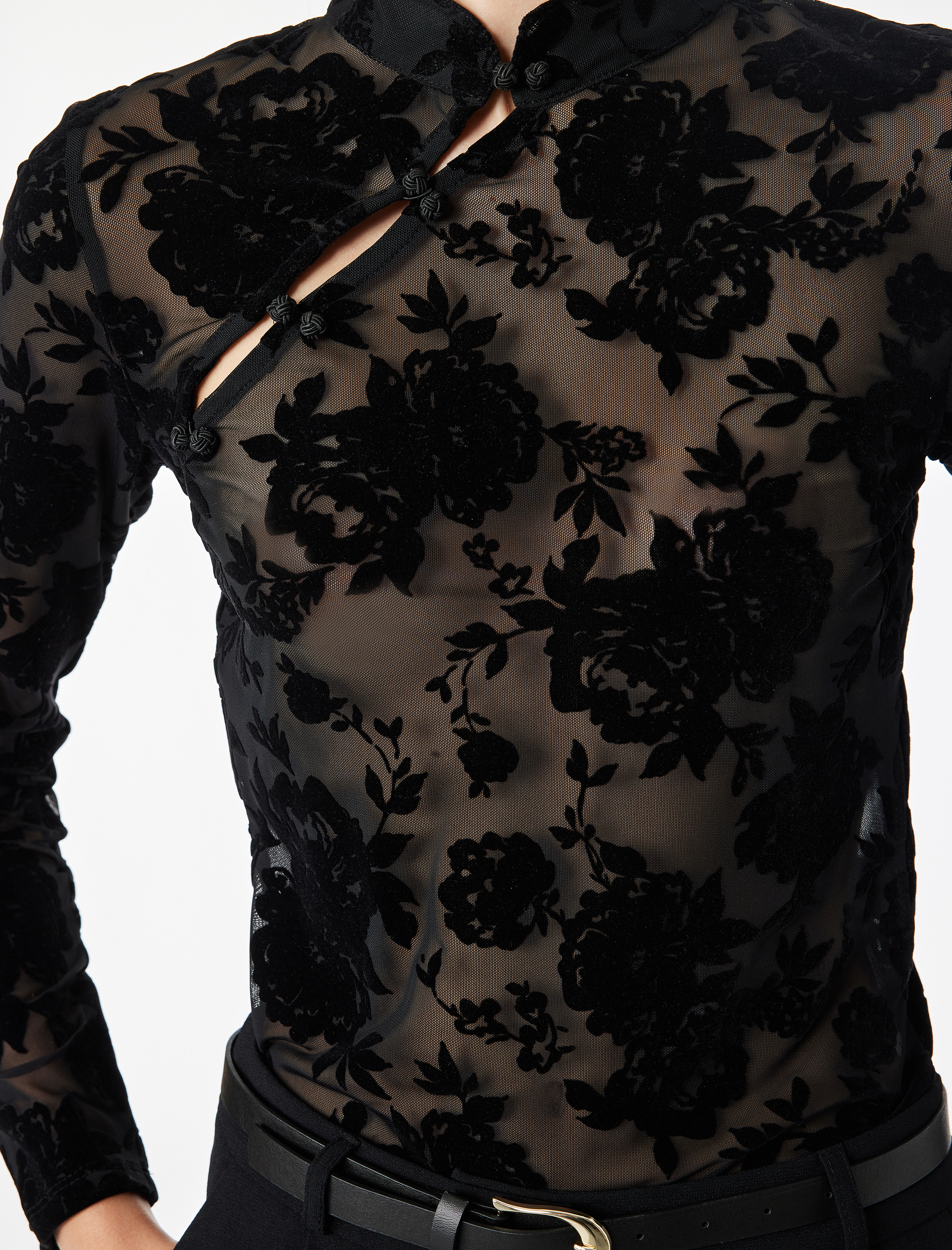   Uzun Kollu Floral Dokulu Dik Qipao Yaka Tül Tişört