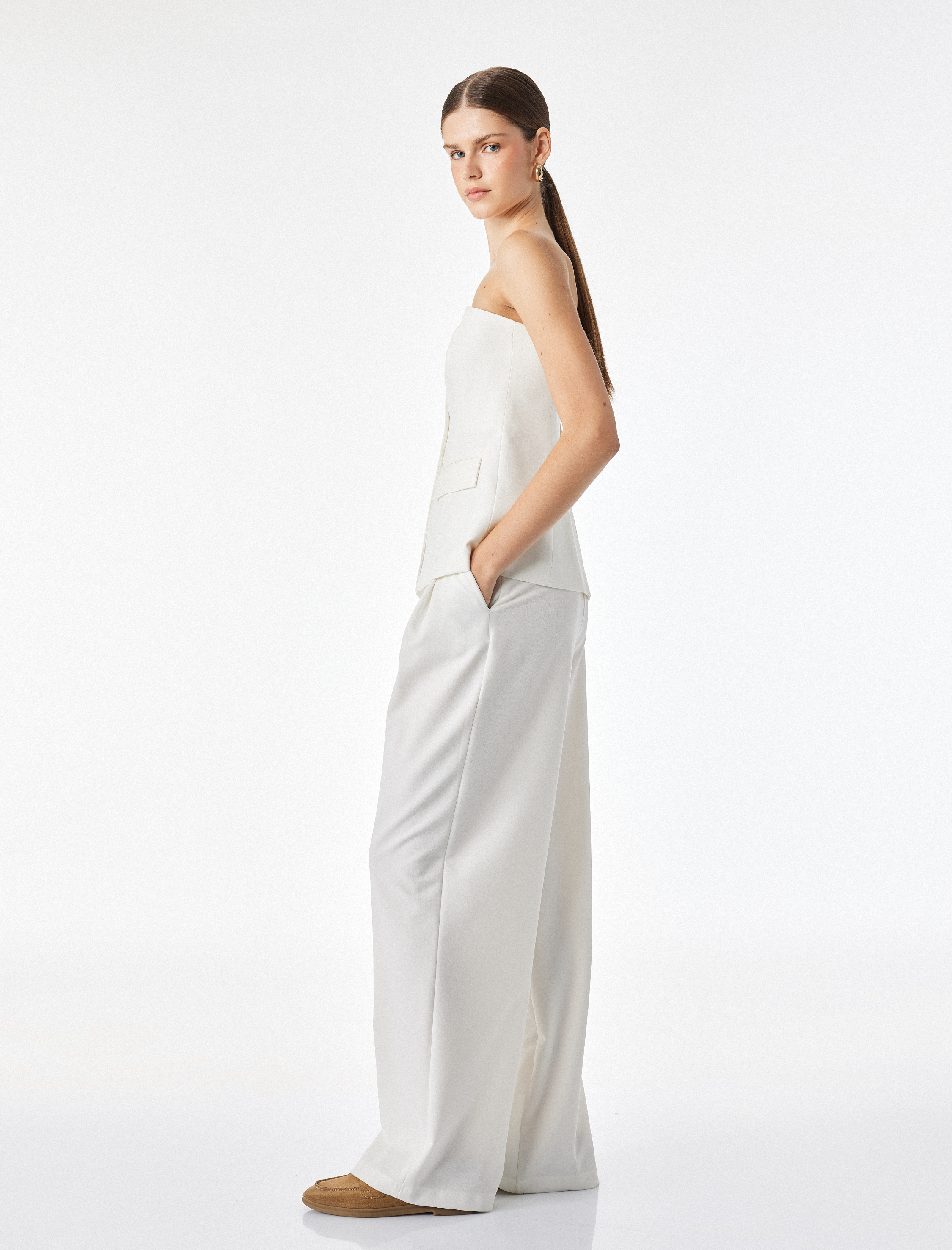   Slim Fit Cep Detaylı Düğmeli Peplum Kesim Straplez Yelek Bluz