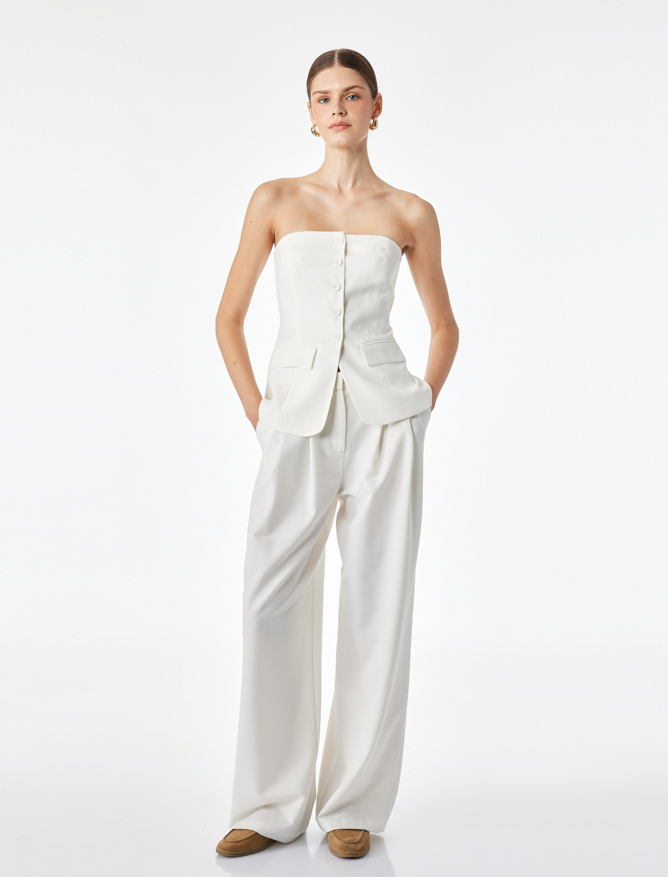   Slim Fit Cep Detaylı Düğmeli Peplum Kesim Straplez Yelek Bluz