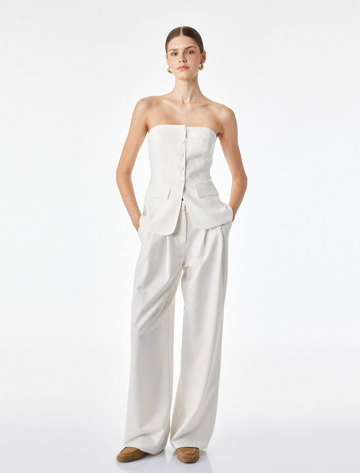  Slim Fit Cep Detaylı Düğmeli Peplum Kesim Straplez Yelek Bluz