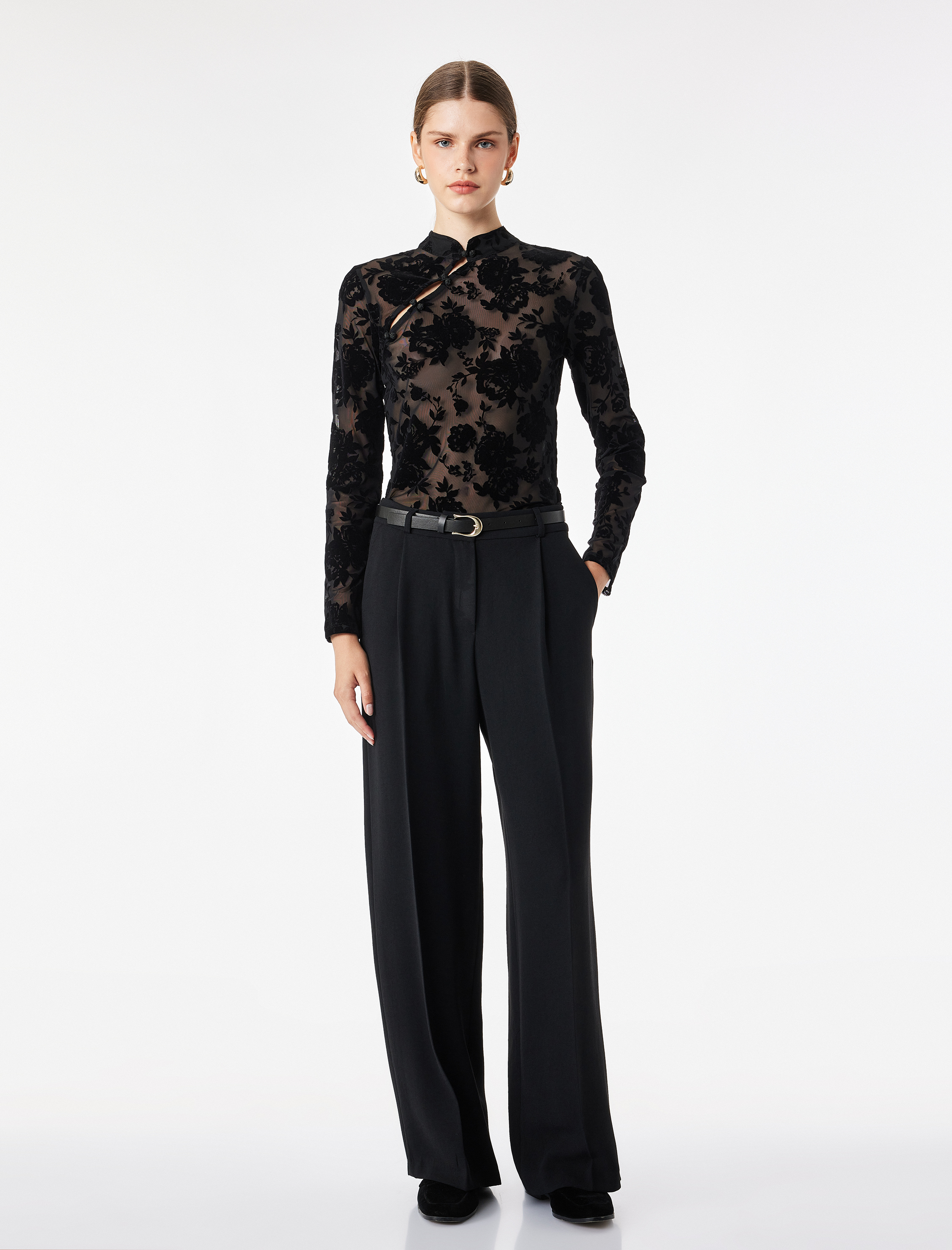   Uzun Kollu Floral Dokulu Dik Qipao Yaka Tül Tişört