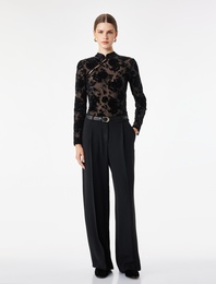 Uzun Kollu Floral Dokulu Dik Qipao Yaka Tül Tişört