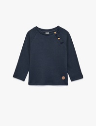 Düğmeli Uzun Kollu Bisiklet Yaka Pamuklu Sweatshirt