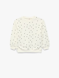 Uzun Kollu Bisiklet Yaka Kalp Desenli Pamuklu Sweatshirt