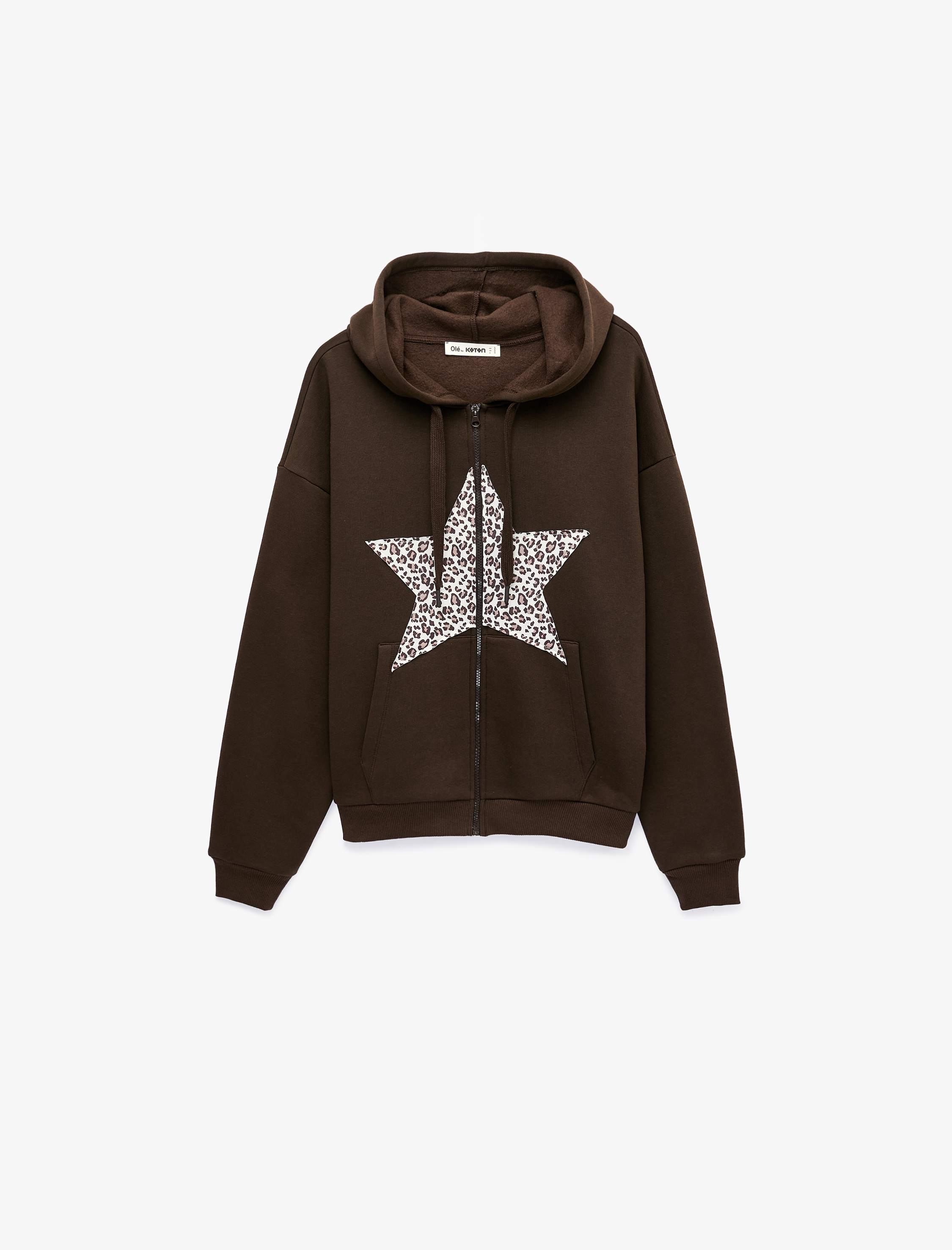   Cep Detaylı Şardonlu Leopar İşlemeli Kapüşonlu Fermuarlı Sweatshirt