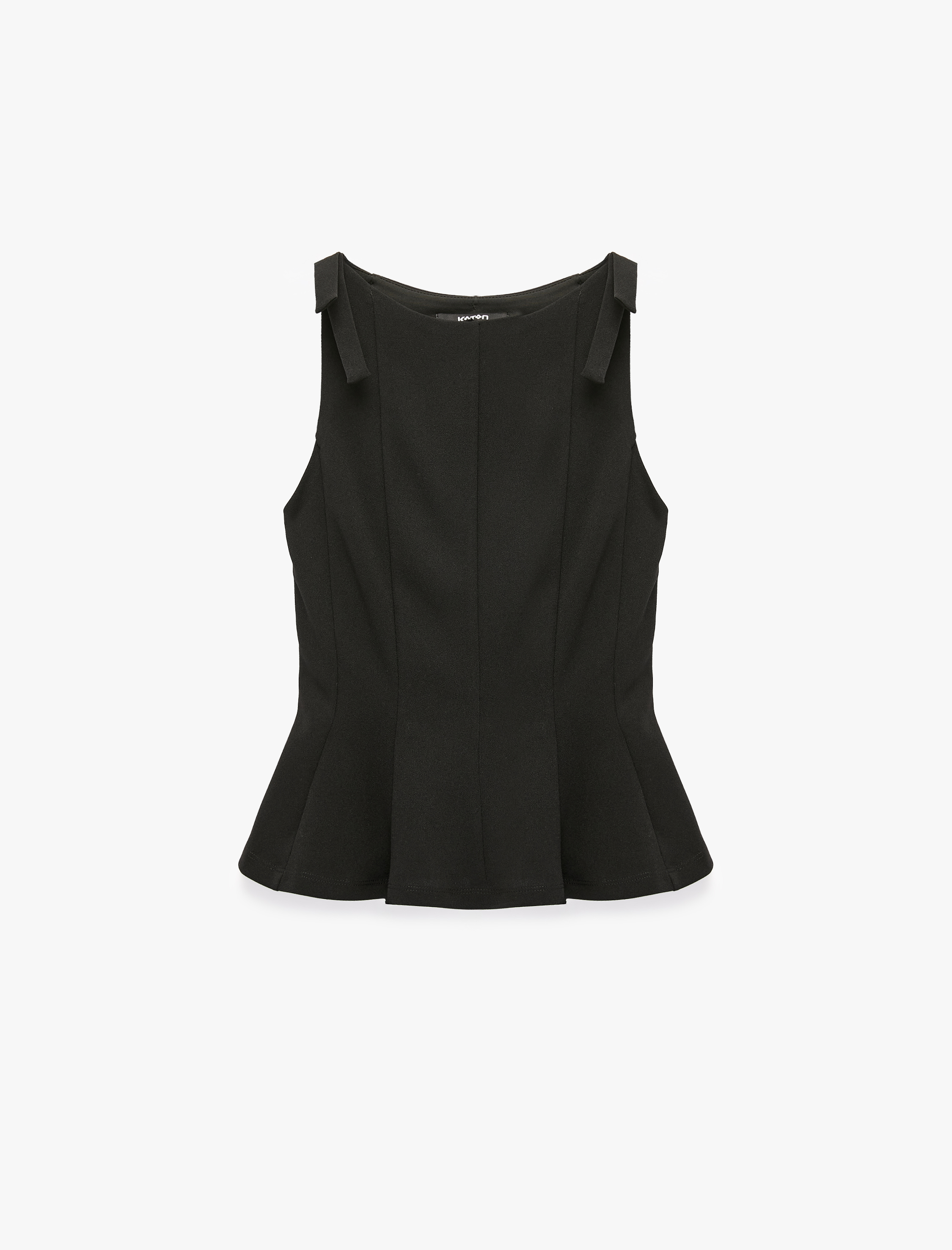   Krep Scuba Kumaş Fiyonk Detaylı Kayık Yaka Kolsuz Peplum Bluz