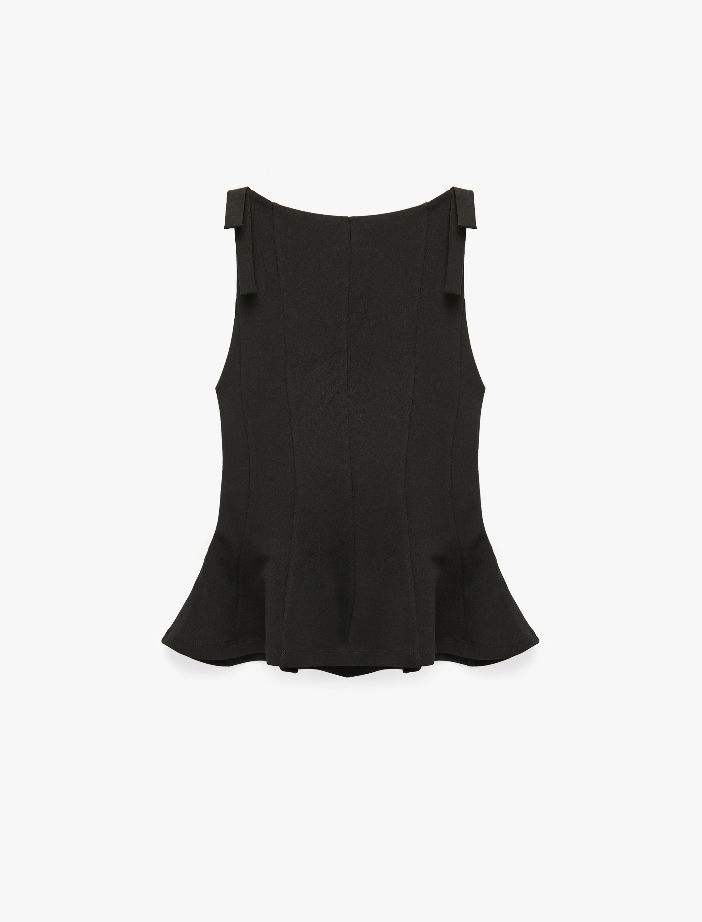   Krep Scuba Kumaş Fiyonk Detaylı Kayık Yaka Kolsuz Peplum Bluz
