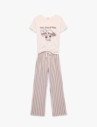 Kısa Kollu Bisiklet Yaka Rahat Kalıp Baskılı Pijama Takımı