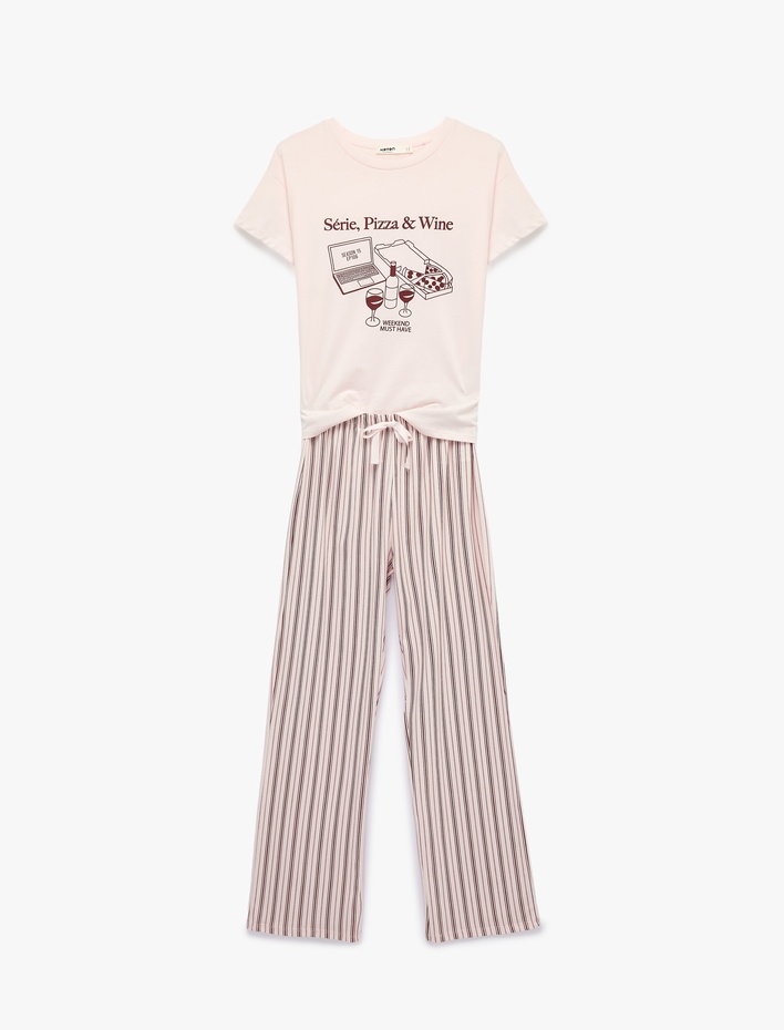  Kısa Kollu Bisiklet Yaka Rahat Kalıp Baskılı Pijama Takımı