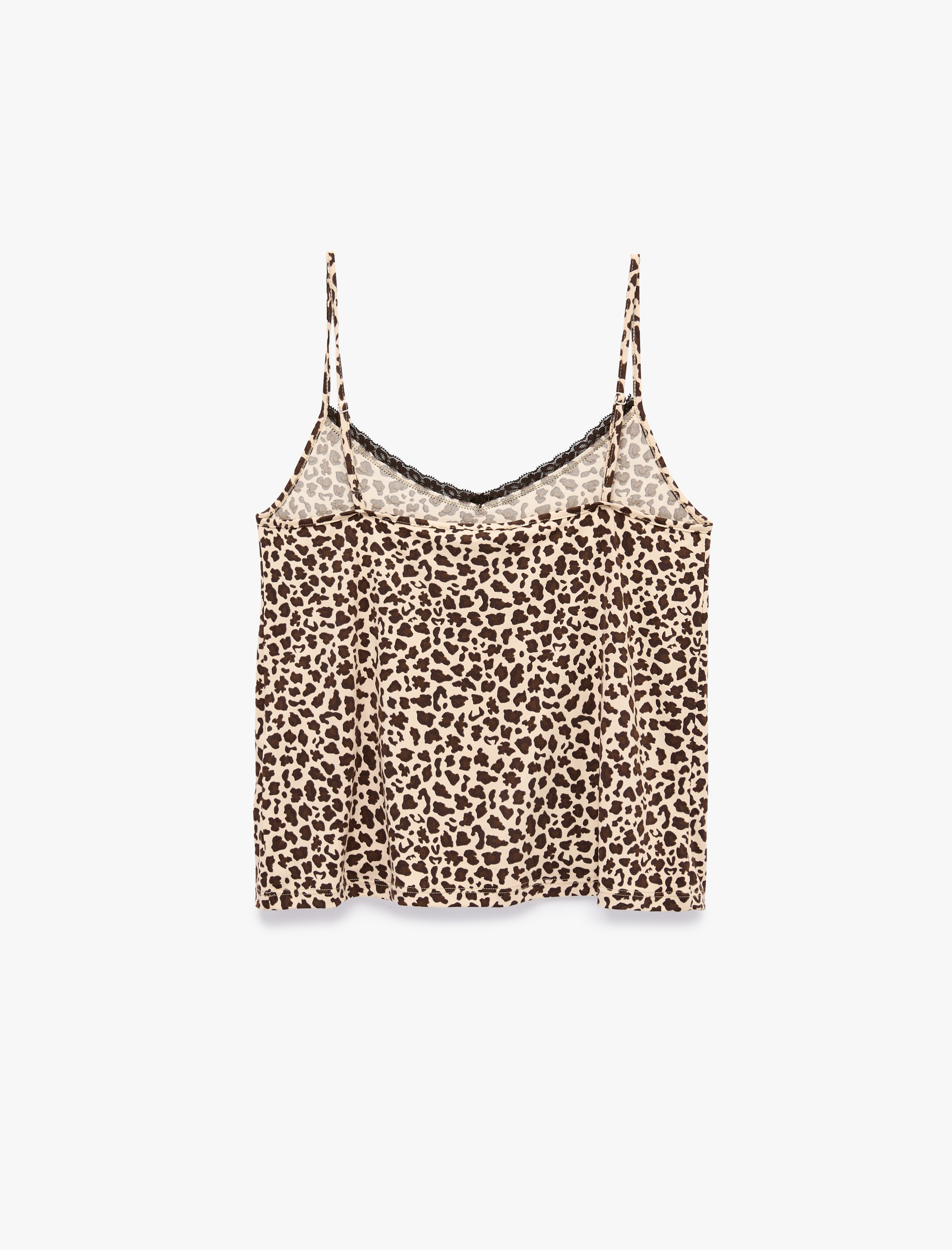   Dantel Detaylı V Yaka Leopar Desenli Askılı Pijama Üstü