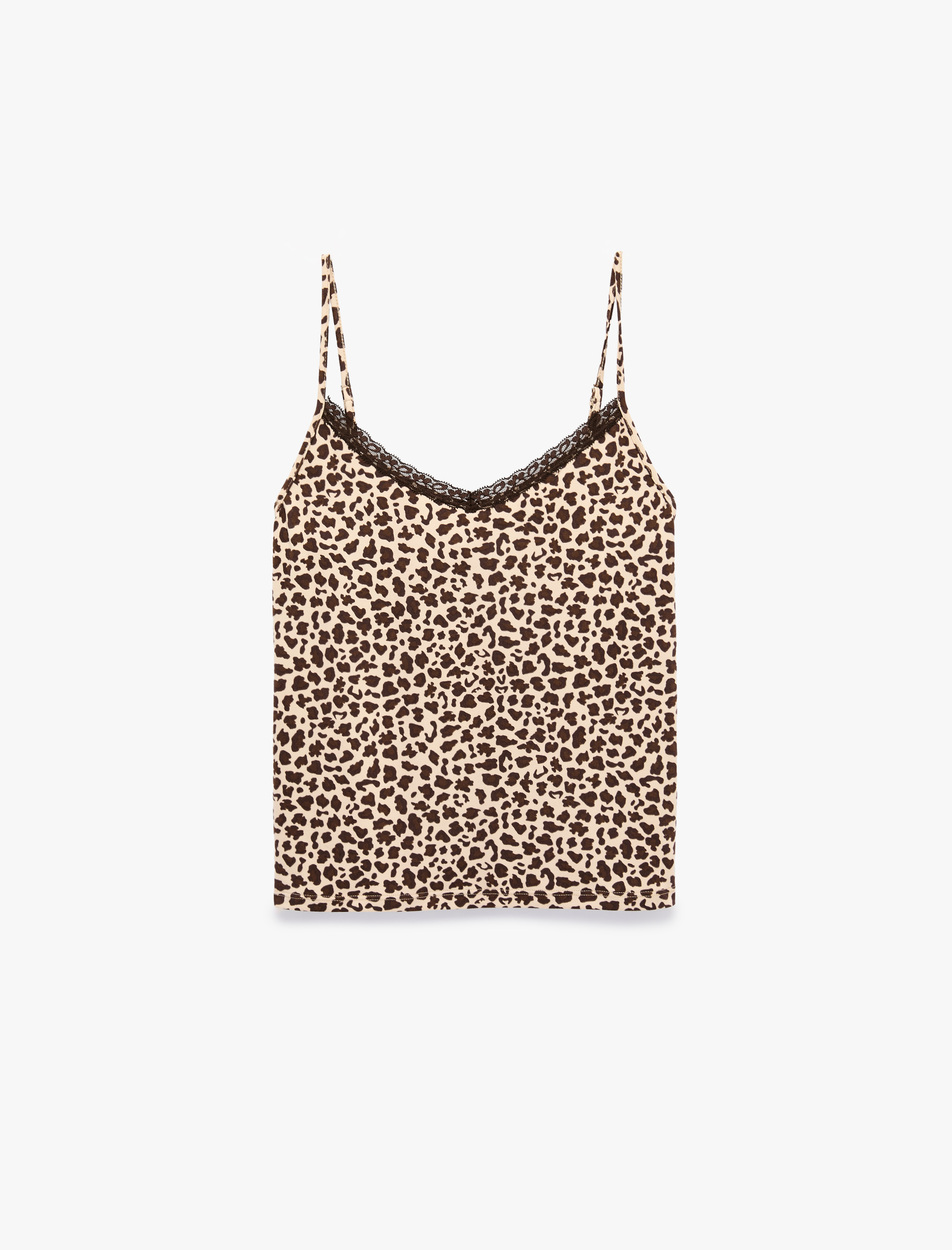   Dantel Detaylı V Yaka Leopar Desenli Askılı Pijama Üstü