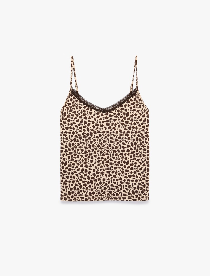  Dantel Detaylı V Yaka Leopar Desenli Askılı Pijama Üstü