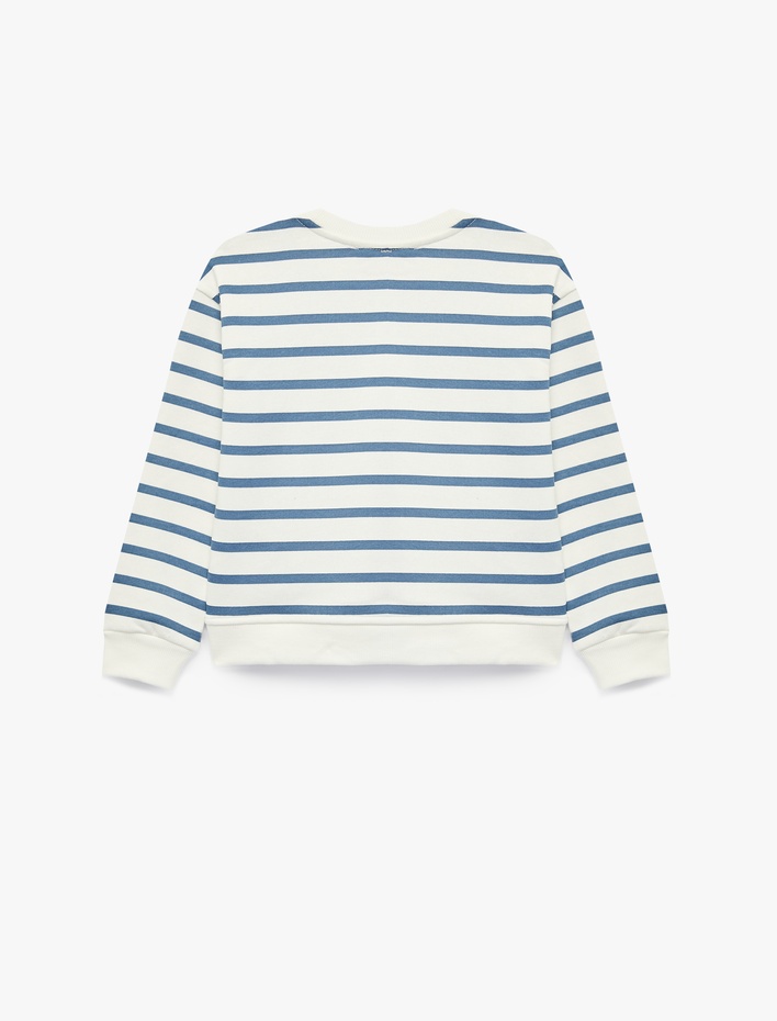 Kız Çocuk Uzun Kollu Bisiklet Yaka Baskı Detaylı Çizgili Sweatshirt