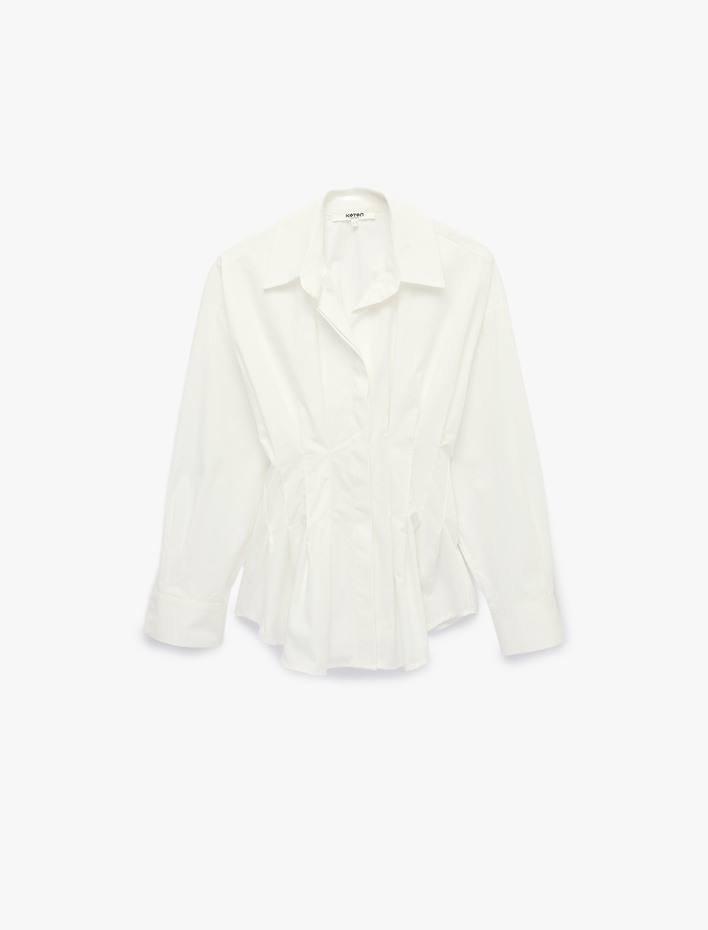  Pamuklu Slim Fit Klasik Yaka Uzun Kollu Pile Detaylı Poplin Gömlek