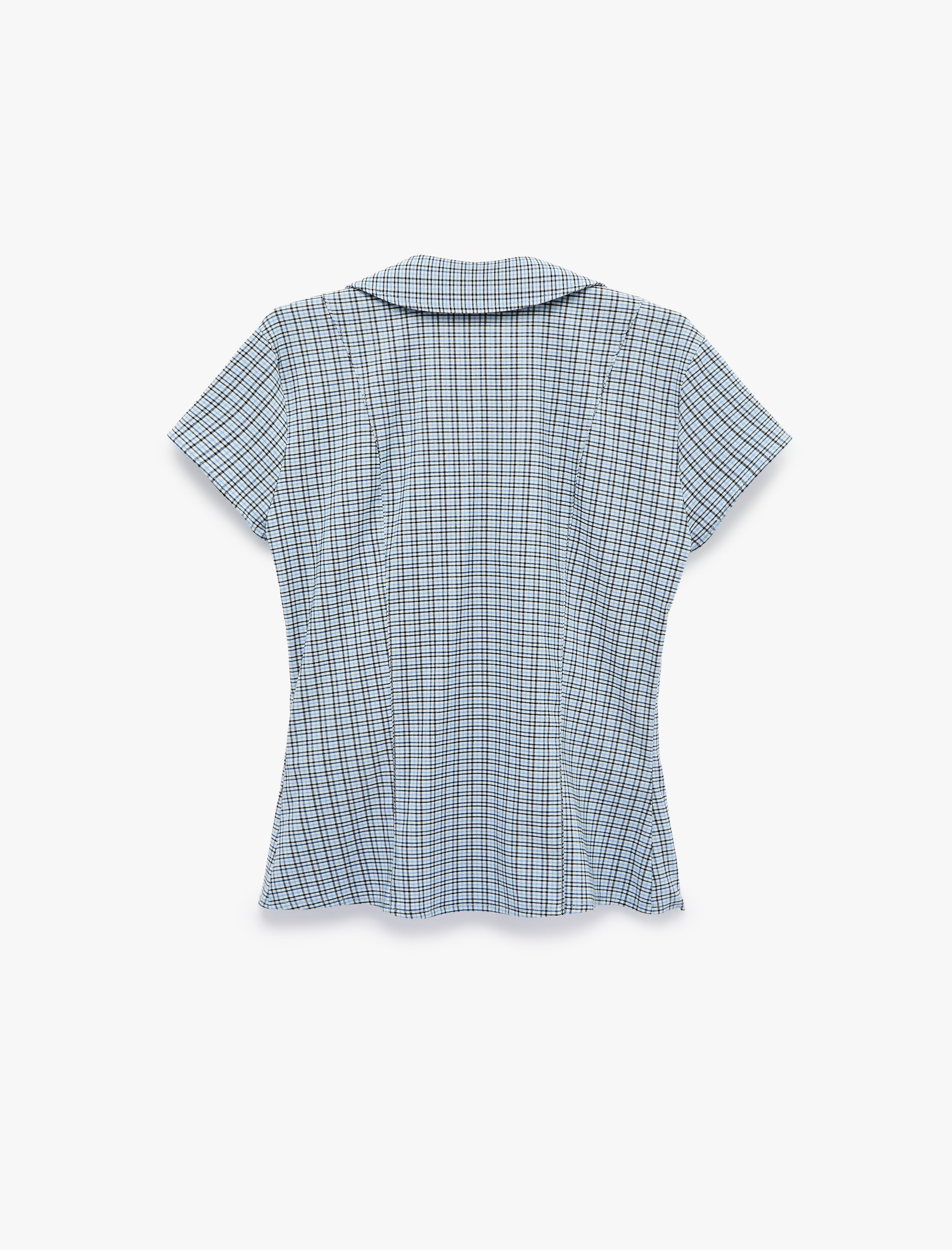   Fermuar Detaylı V Yaka Kısa Kollu Slim Fit Kareli Gömlek