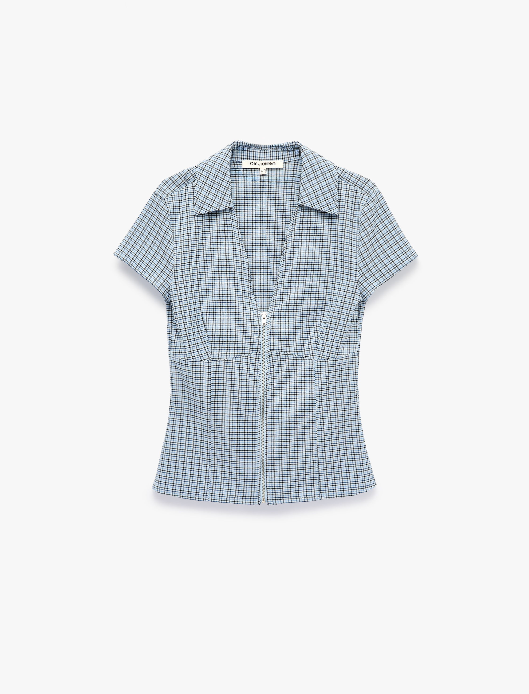   Fermuar Detaylı V Yaka Kısa Kollu Slim Fit Kareli Gömlek
