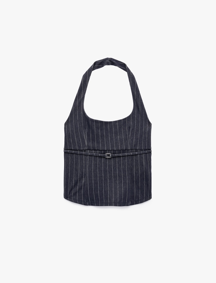  Sırt Detaylı Kemerli Çizgili Halter Yaka Top