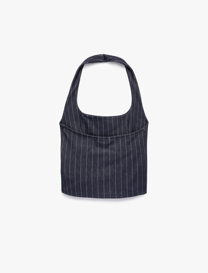  Sırt Detaylı Kemerli Çizgili Halter Yaka Top