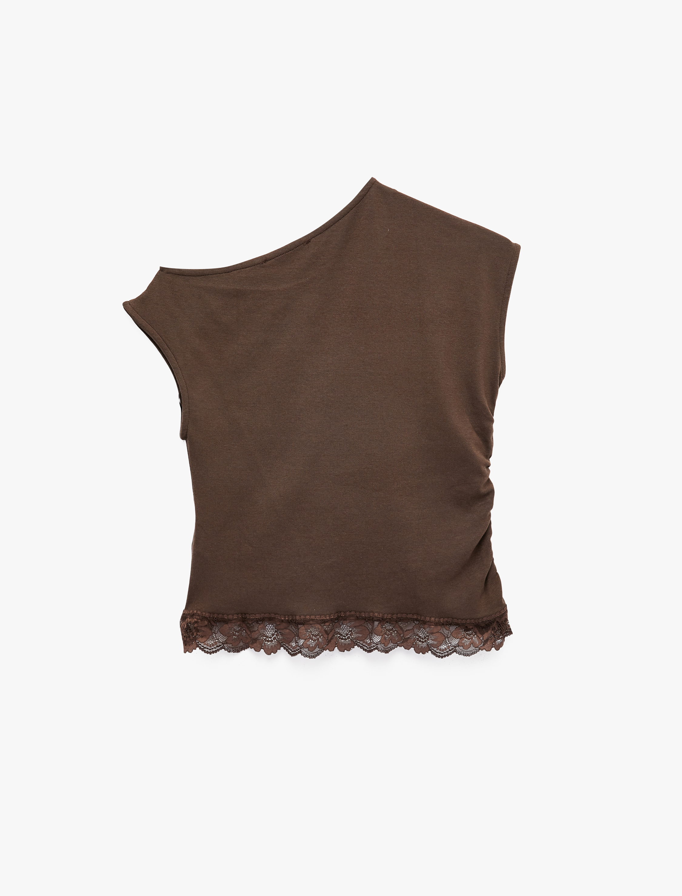   Slim Fit Modal Kumaş Kısa Kollu Asimetrik Yaka Dantel Detaylı Tişört