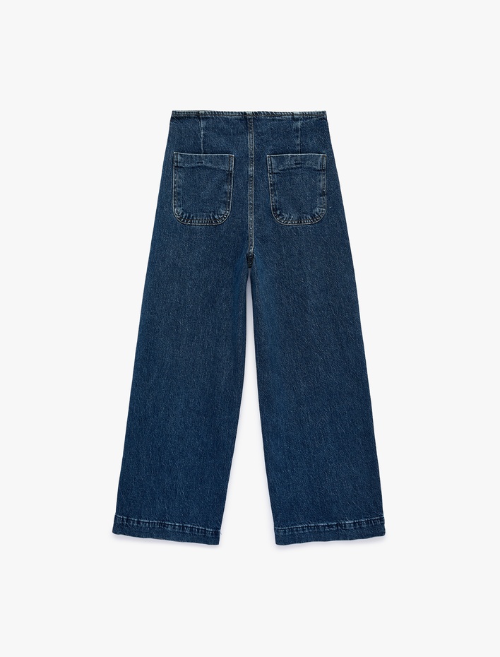  Pamuklu Cep Detaylı Düğmeli Geniş Kısa Paça Denim Pantolon - Culotte Jeans
