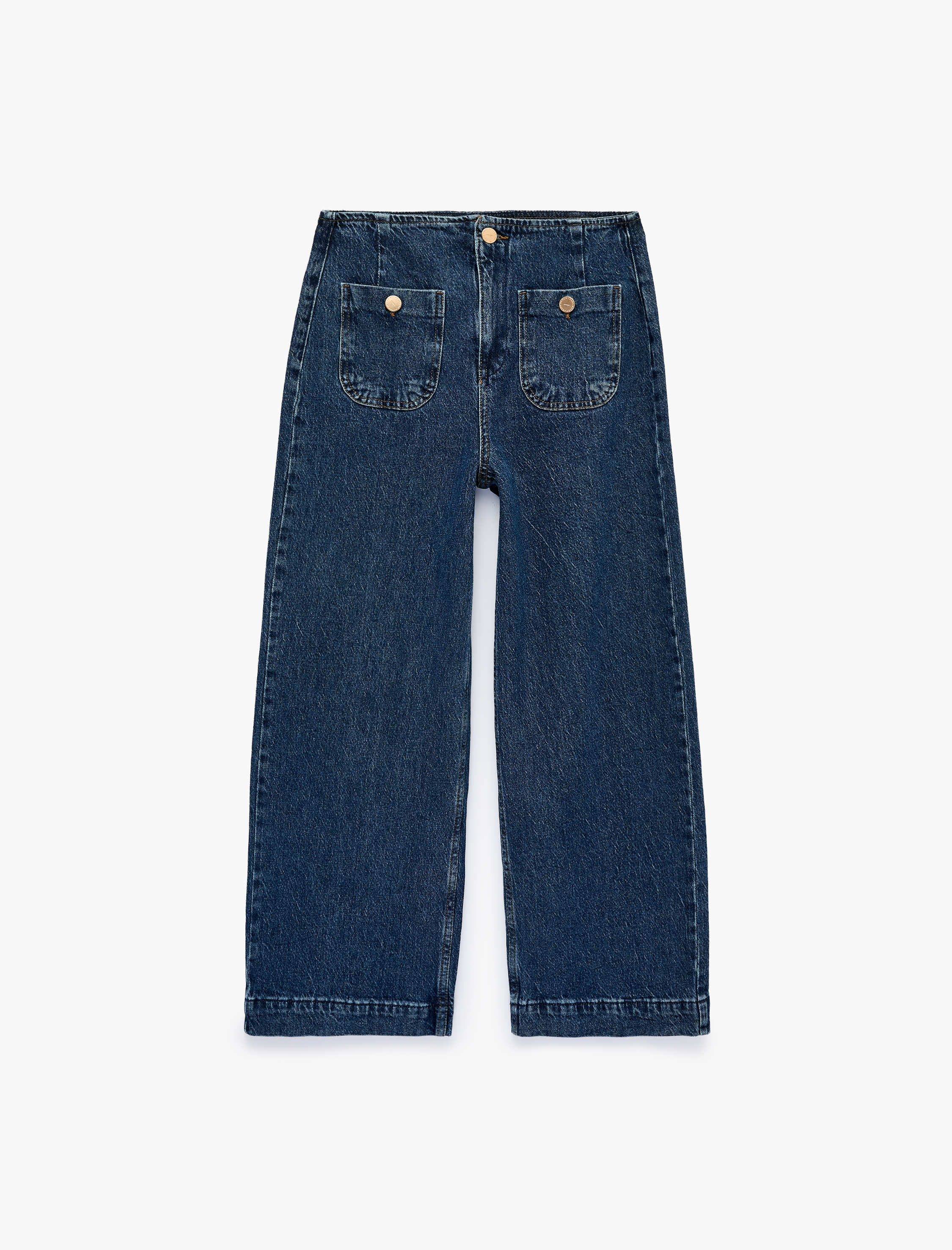   Pamuklu Cep Detaylı Düğmeli Geniş Kısa Paça Denim Pantolon - Culotte Jeans