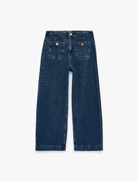 Pamuklu Cep Detaylı Düğmeli Geniş Kısa Paça Denim Pantolon - Culotte Jeans