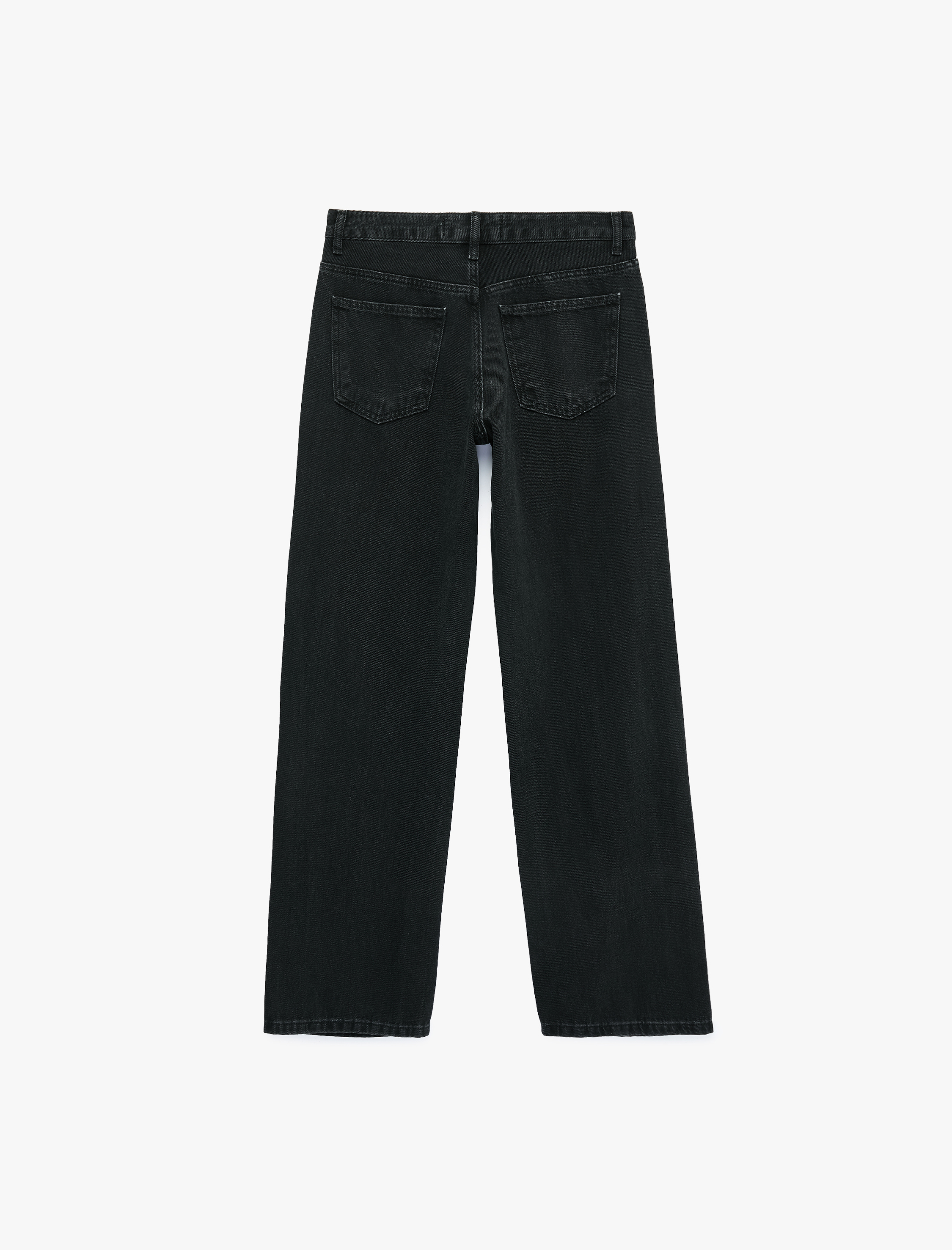   Taş Detaylı Düğmeli Yüksek Bel Düz Paça Denim Pantolon - Straight Fit Jean