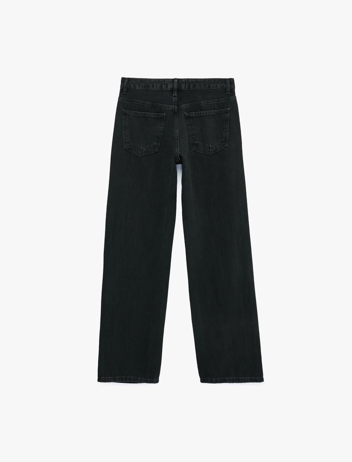 Taş Detaylı Düğmeli Yüksek Bel Düz Paça Denim Pantolon - Straight Fit Jean