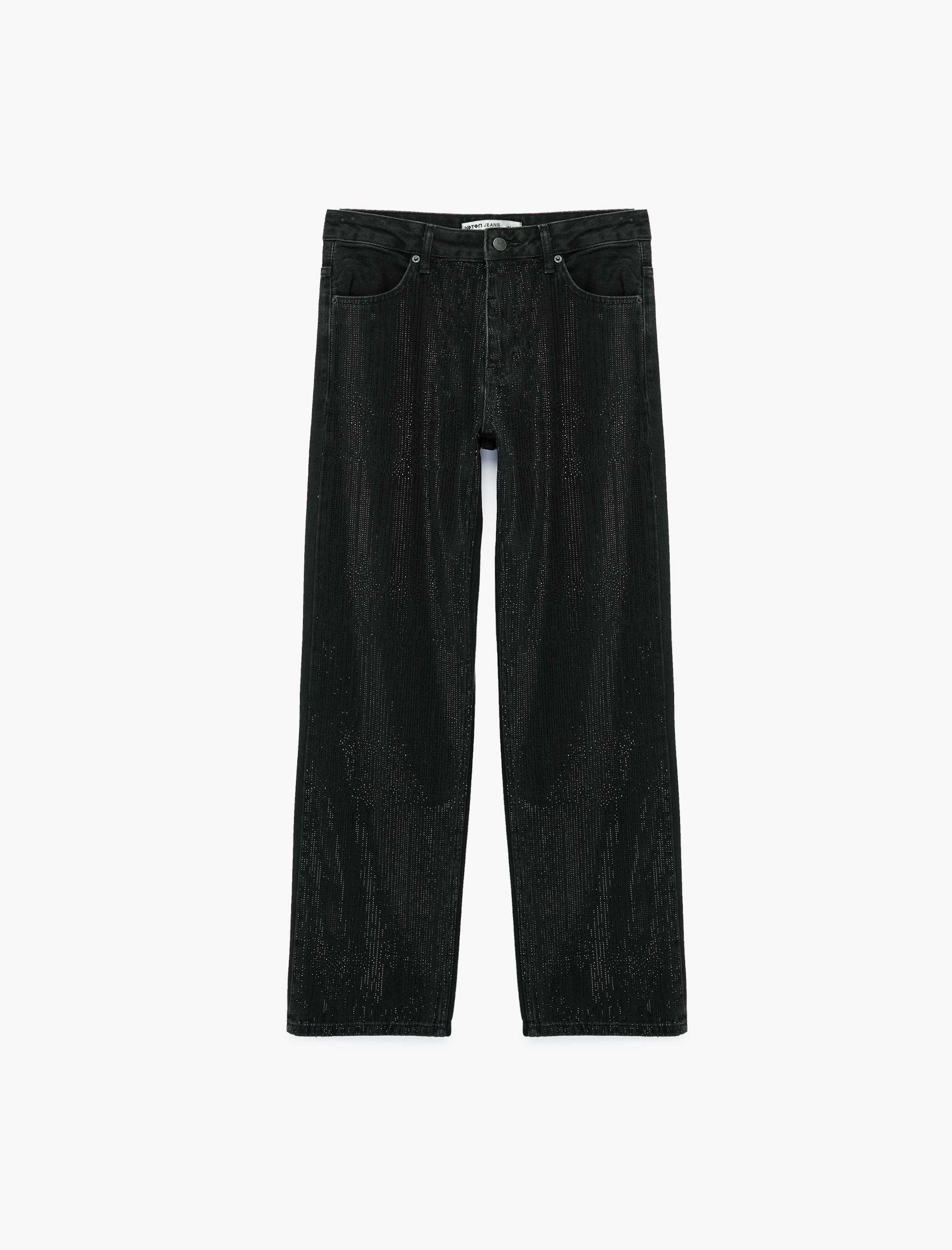   Taş Detaylı Düğmeli Yüksek Bel Düz Paça Denim Pantolon - Straight Fit Jean