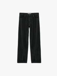 Taş Detaylı Düğmeli Yüksek Bel Düz Paça Denim Pantolon - Straight Fit Jean