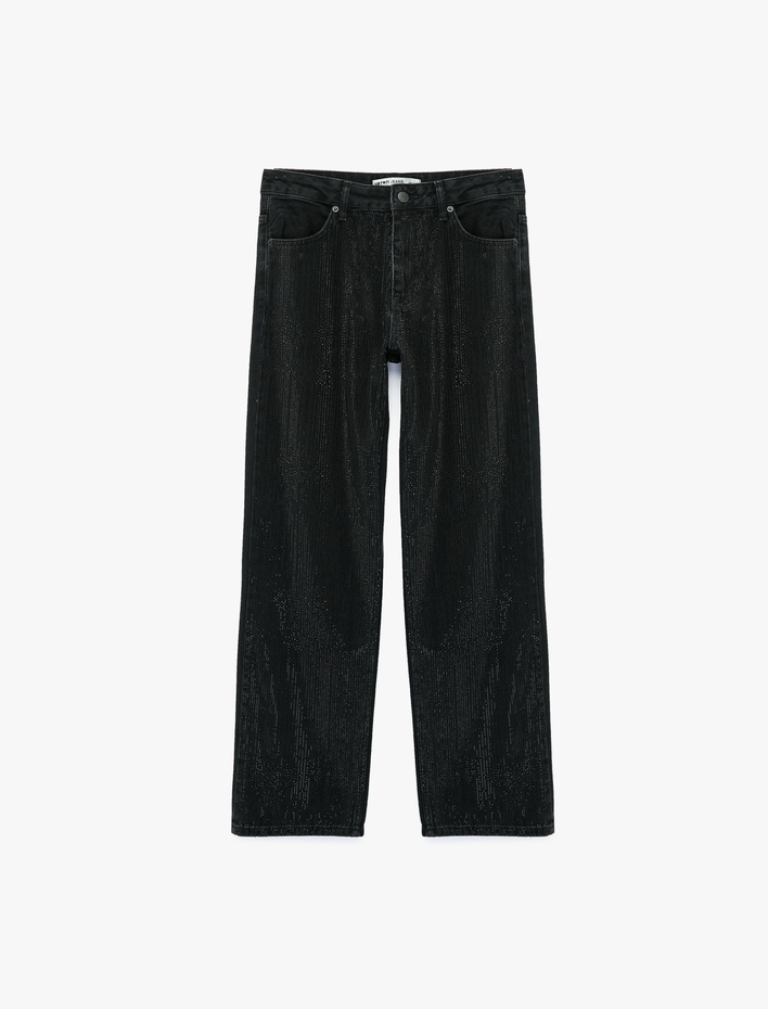  Taş Detaylı Düğmeli Yüksek Bel Düz Paça Denim Pantolon - Straight Fit Jean