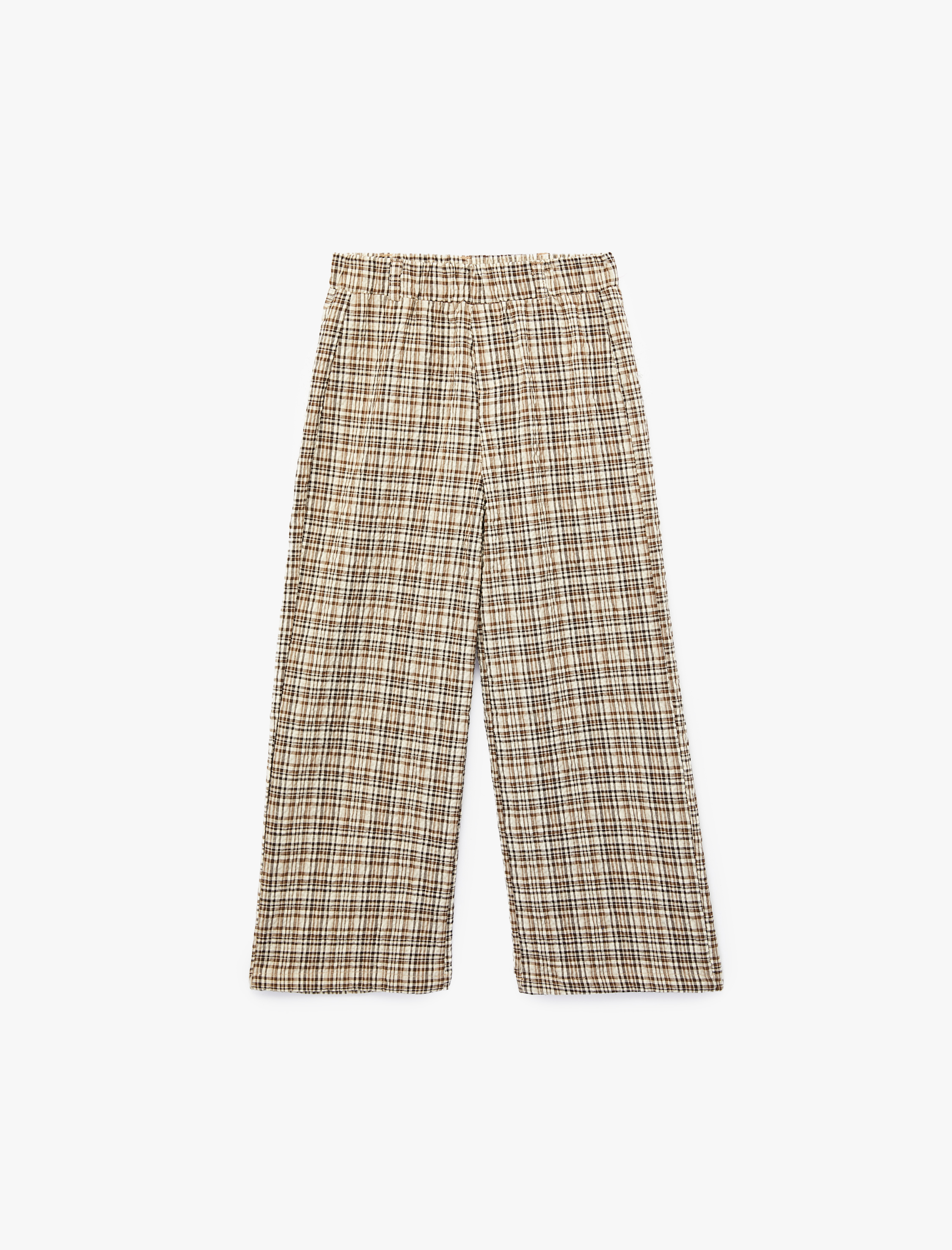  Kız Çocuk Yüksek Bel Beli Lastikli Ekoseli Geniş Paça Pantolon