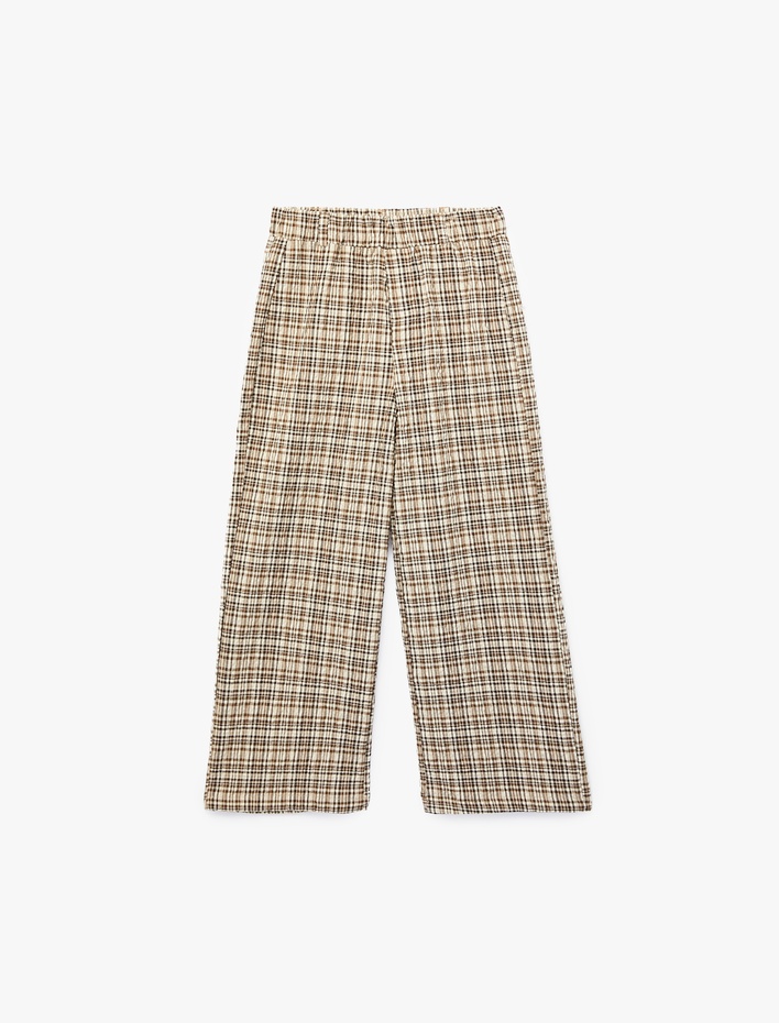 Kız Çocuk Yüksek Bel Beli Lastikli Ekoseli Geniş Paça Pantolon