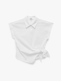 Asimetrik Bağlama Detaylı Slim Fit Kısa Kollu Poplin Gömlek
