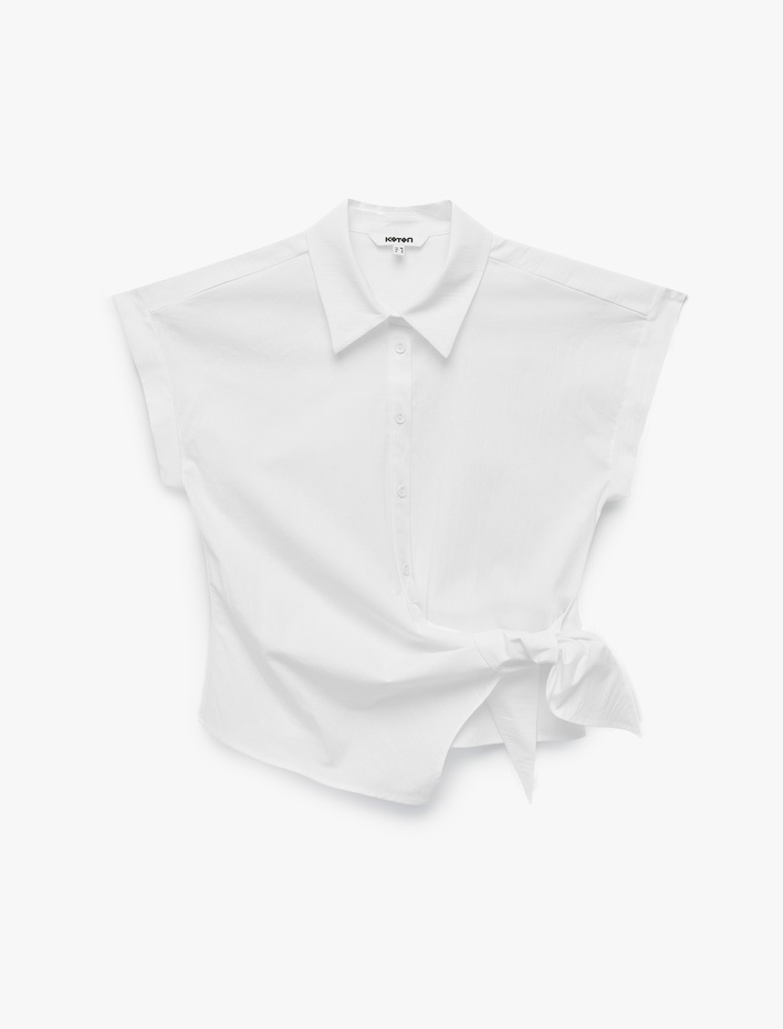  Asimetrik Bağlama Detaylı Slim Fit Kısa Kollu Poplin Gömlek