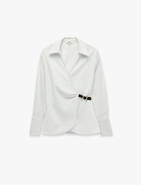 Yarım Aksesuar Kemer Detaylı Uzun Kollu Kruvaze Çizgili Gömlek