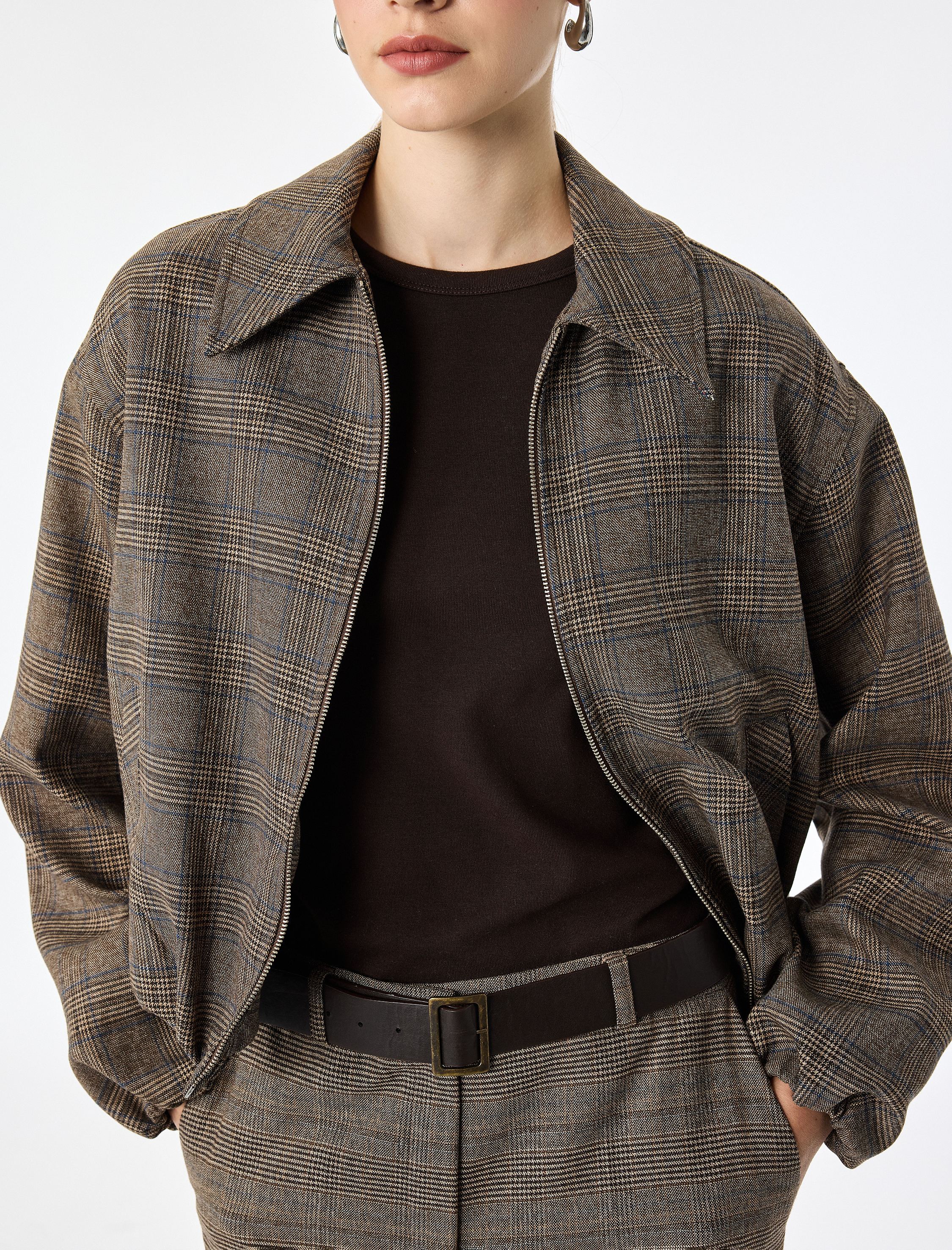   Fermuarlı Ekose Oversize Bomber Ceket
