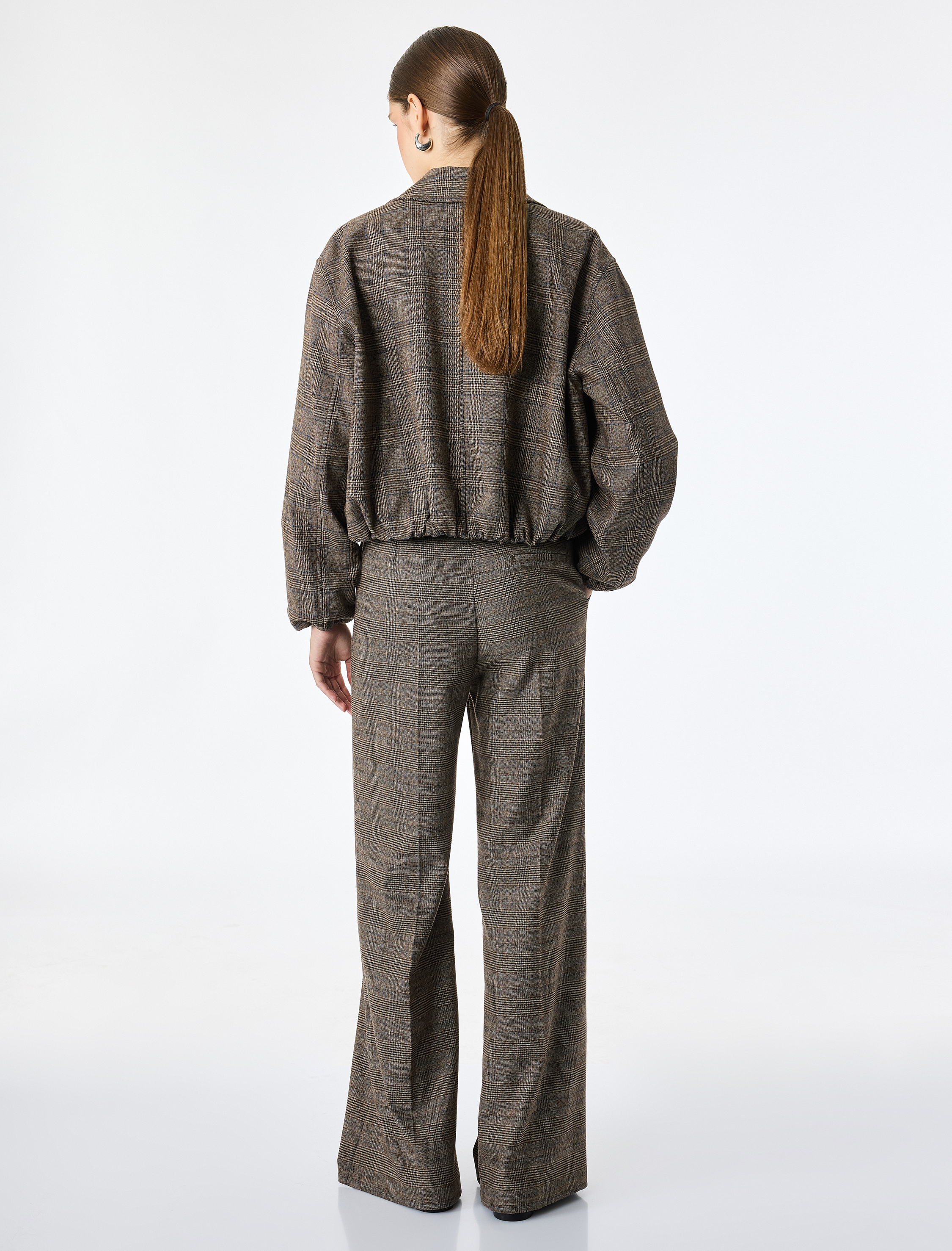   Fermuarlı Ekose Oversize Bomber Ceket