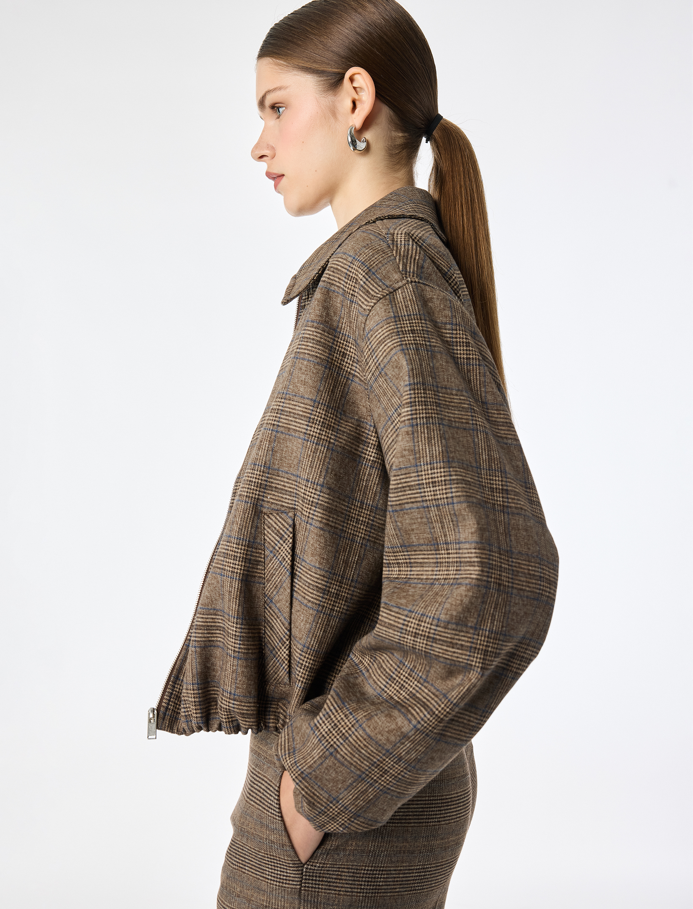   Fermuarlı Ekose Oversize Bomber Ceket