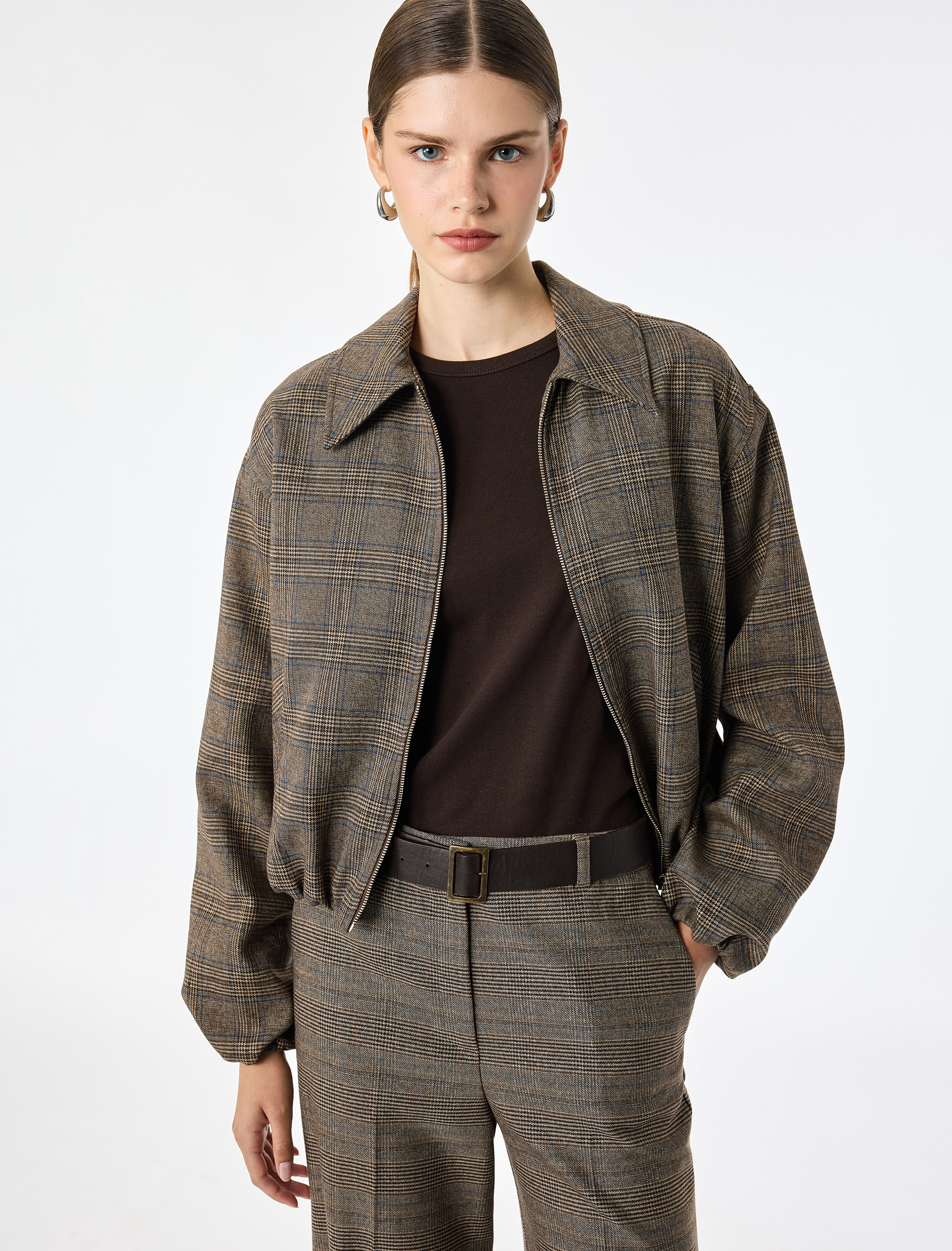   Fermuarlı Ekose Oversize Bomber Ceket