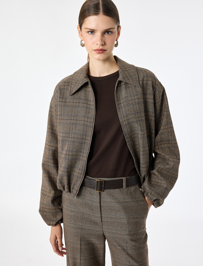  Fermuarlı Ekose Oversize Bomber Ceket